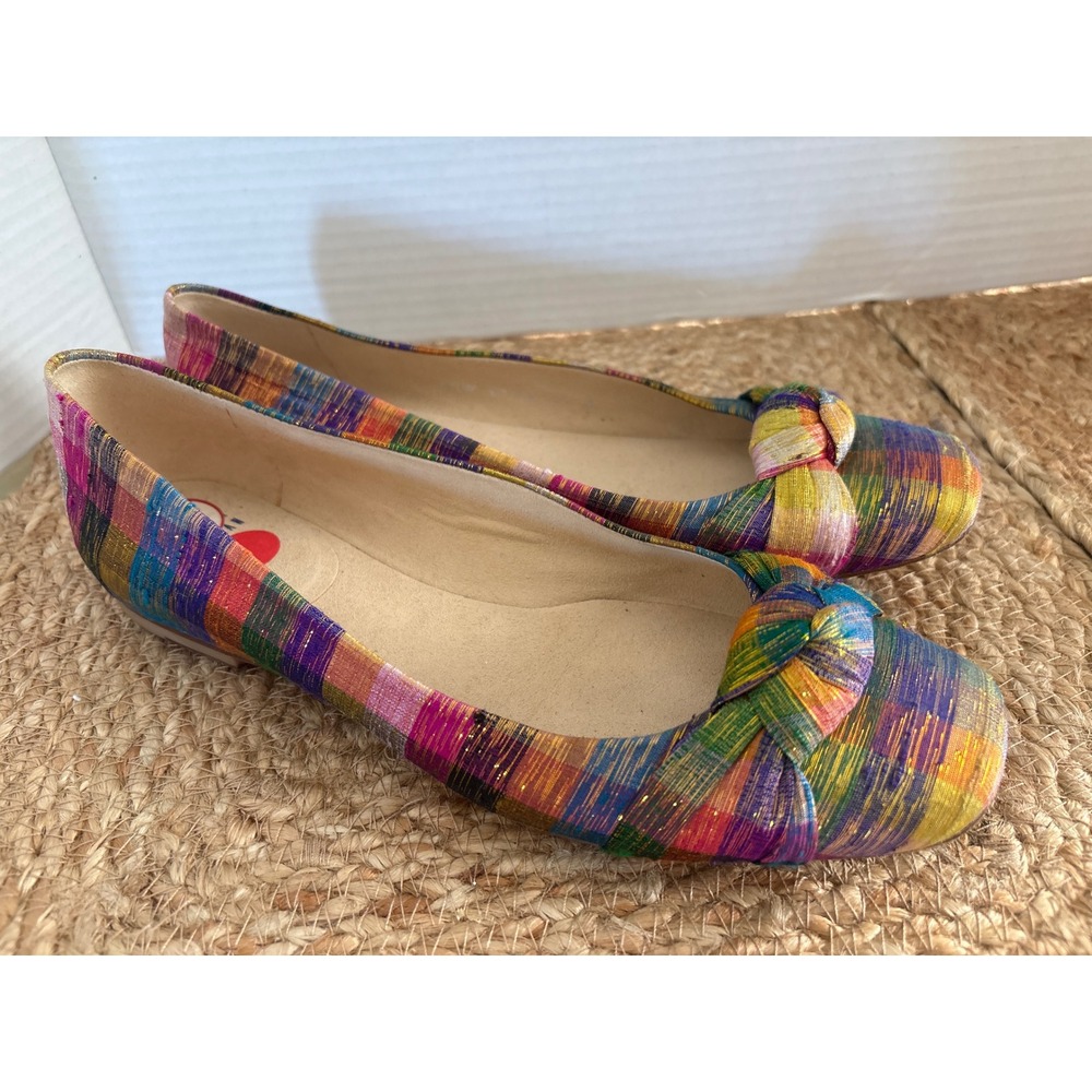 Stuart Weitzman Multi Color Metallic Plaid Knot Ballet Flats Womens Size 8M